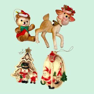 ADORABLE VINTAGE LOT OF 4 CHRISTMAS TREE ORNAMENTS FLOCKED REINDEER & BEAR